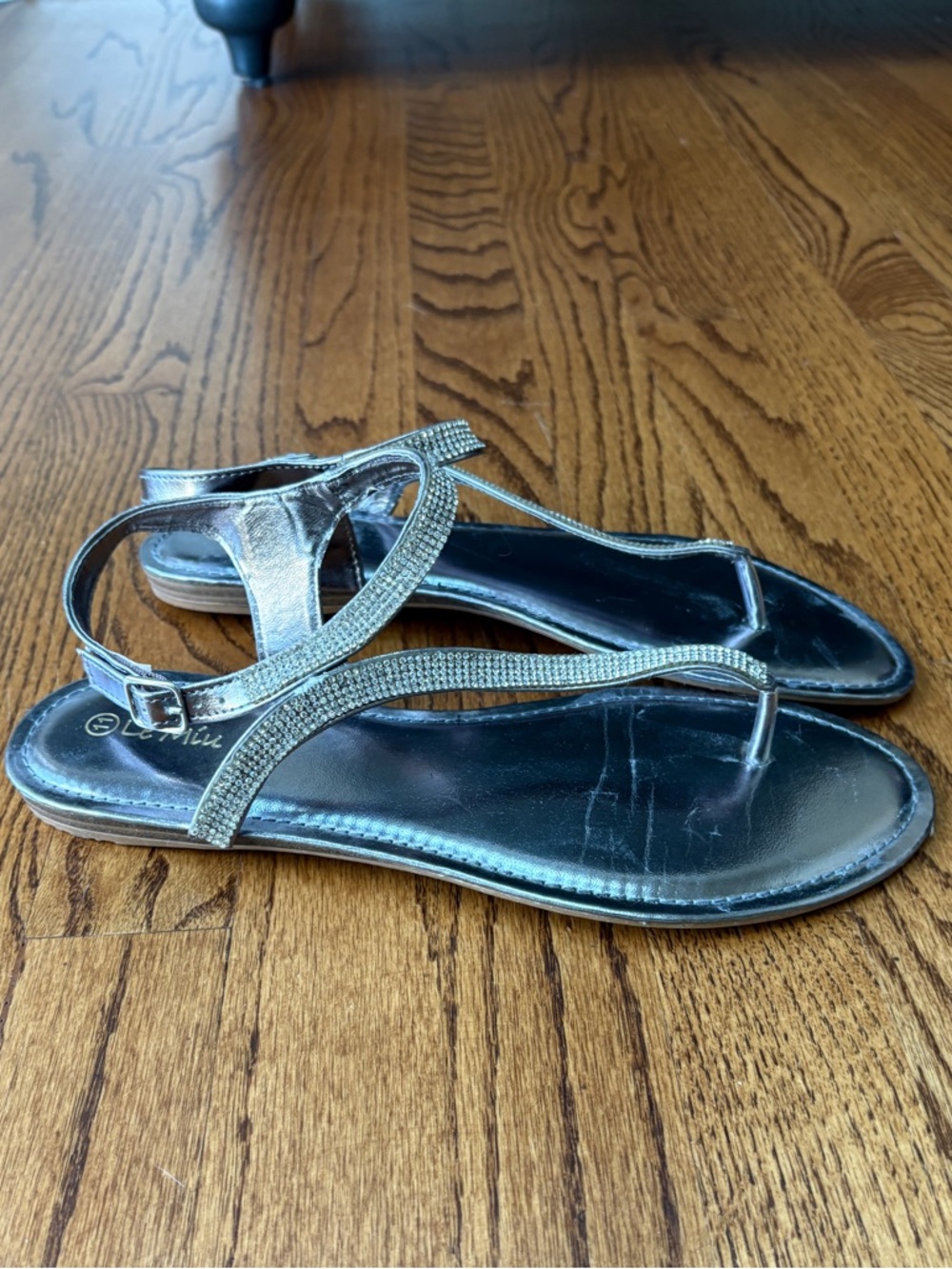 Women's Metallic Silver T-Strap Sandals with Rhinestones